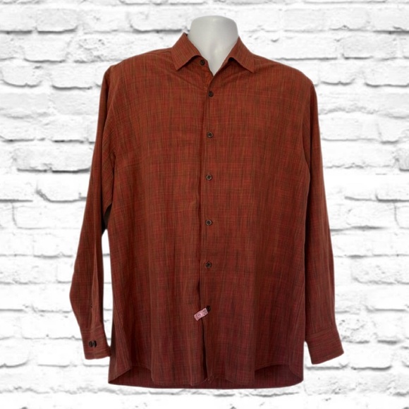 Tommy Bahama Silk Wool Shirt L Burnt Orange Plaid Embroidered Floral Details - Picture 2 of 10